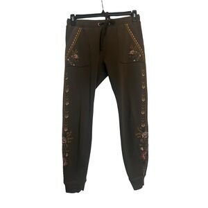 Driftwood Joggers Sweatpants Small Brown Embroidered Side Floral Boho